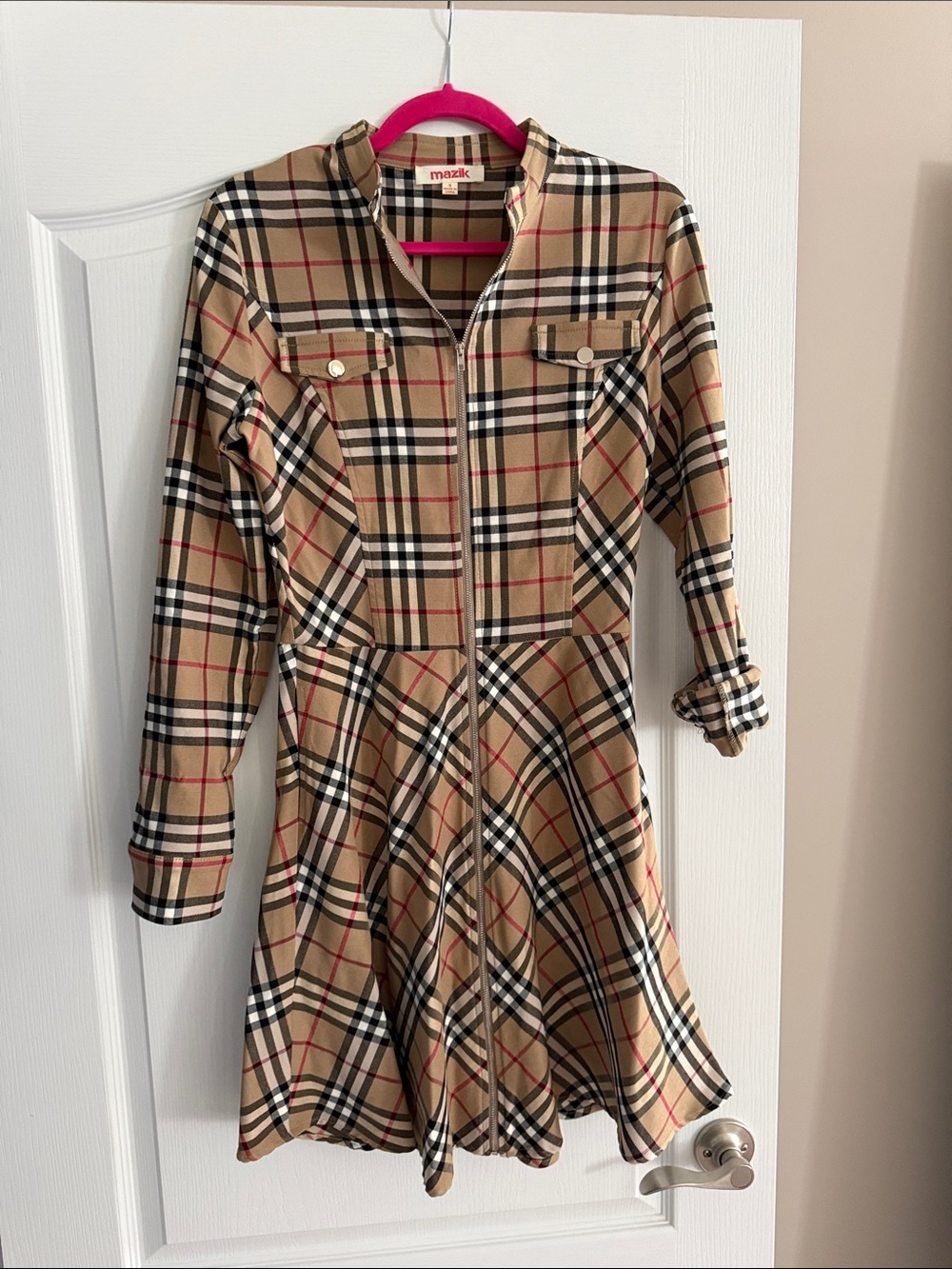 Mazik Tan Plaid Long-Sleeve Zip Dress with Black and Red Trim